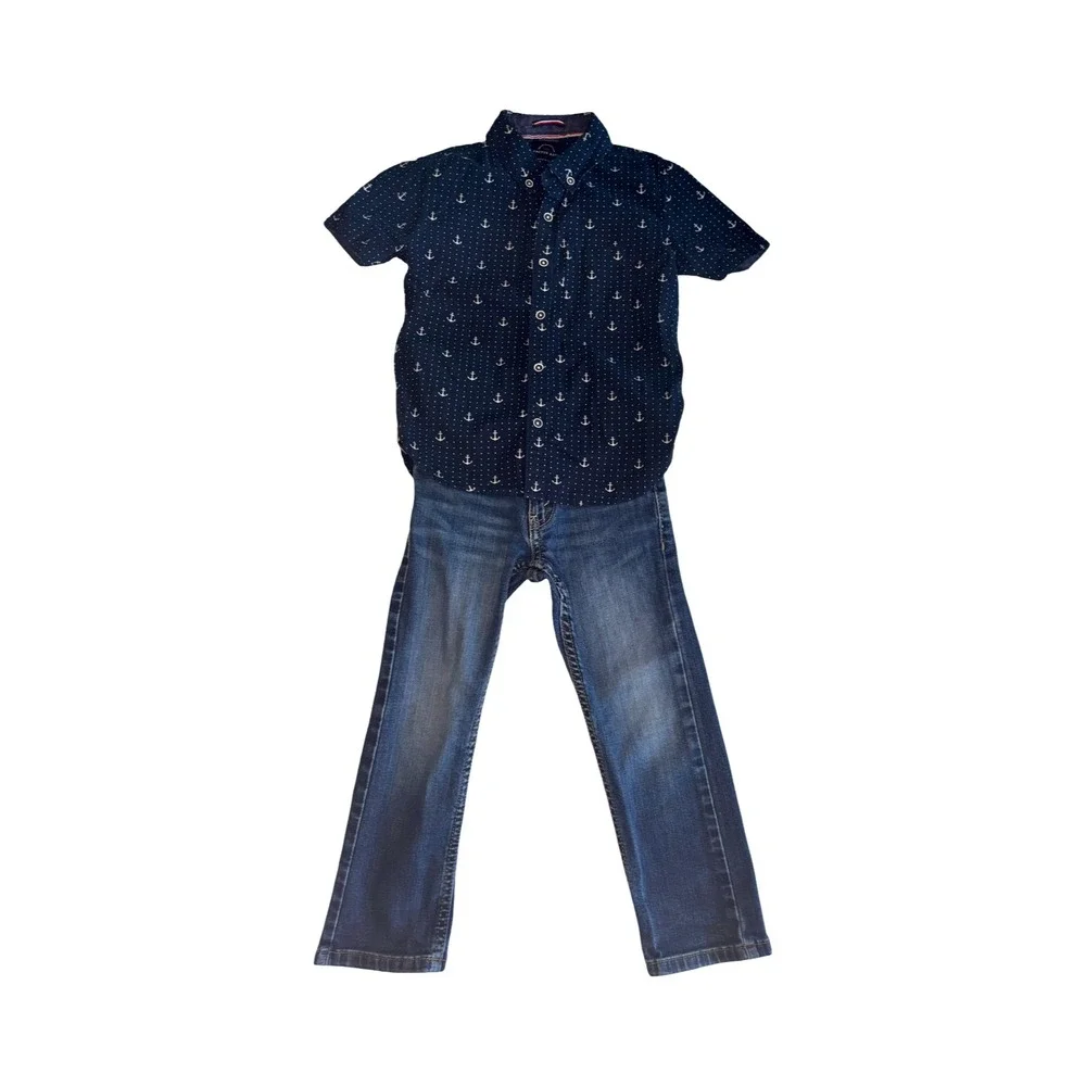 Cactus Boys Anchor Shirt & Levis 511 Slim Jeans Kids Set 4T Navy Blue Excellent